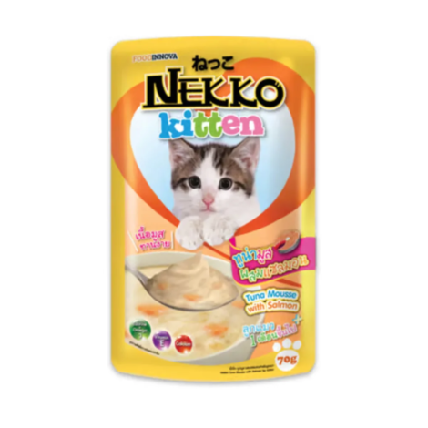 Nekko เน็กโกะ อาหารเปียก แบบเพ้าช์ สำหรับแมว รสปลาทูน่ามูสผสมแซลมอน 70 g 12 ชิ้น